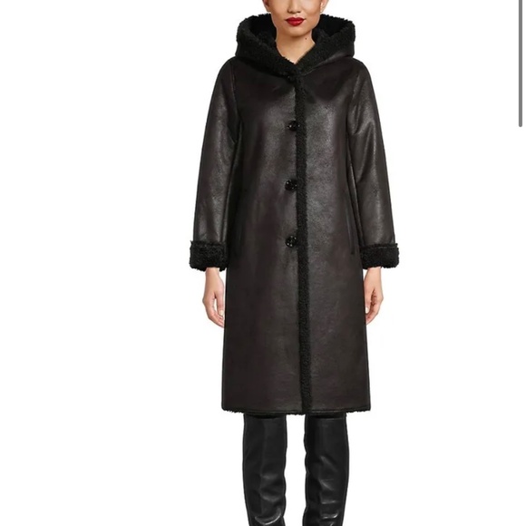 Calvin Klein brown faux leather shearling trimmed hooded coat - Picture 1 of 13